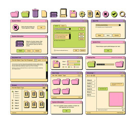 Web ui. 90s layout screen elements frame pages banners icons dividers and buttons garish vector ui templates - obrazy, fototapety, plakaty
