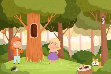 Who live in hollow. Kids puzzle game, quiz question location for baby. Find right animal, children in forest vector background