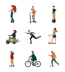 Fototapeta na wymiar Activity people. Urban riding active lifestyle person on electric scooters rollers bikes vehicles garish vector flat illustrations