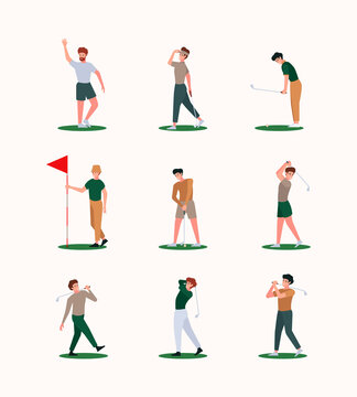 Golf players. Recreation healthy outdoor sport activities golfers characters male and female garish vector flat persons pictures in flat style