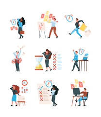 Deadline managers. Corporate persons stressed people planning daily routine professional businessman garish vector flat characters