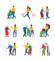 Fototapeta na wymiar Social help. Characters persons male and female workers of support service helping to seniors elderly characters caring nurse garish vector cartoon collection
