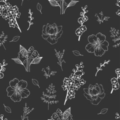 Hand drawn black and white botanical seamless pattern. Vector floral background with peony, laveneder, gladiola, orchid leaves and berry. Great for invitations, fabric, print, greeting cards decor.