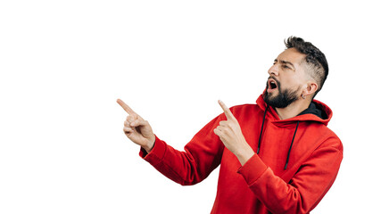 Fototapeta premium man in red sweatshirt shouting pointing to white background