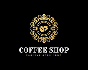 retro Luxury gold vintage Coffee shop logo with decorative ornamental frame for coffee house cafe hotel