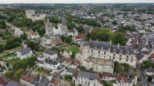 Flight over the city Loches and the Royal castle Loches on summer day. France