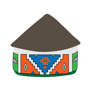 Ndebele African house with grey thatched roof isolated on white background. Bright colored decorated clay walls. Geometrical pattern.