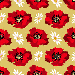 Red poppy and daisy flowers floral seamless pattern