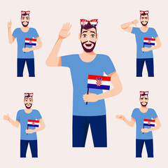 An attractive man with a Croatian flag. A set of fan emotions. Vector illustration on cartoon style