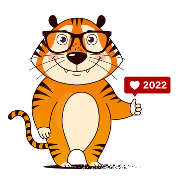 Cool cartoon tiger with glasses and like icon puts thumbs up. Symbol of 2022, Chinese New Year. Vector illustration