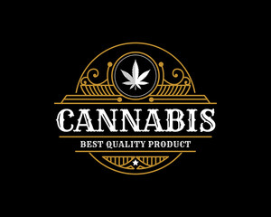 Fototapeta premium antique Luxury royal vintage Cannabis plant and leaf logo with decorative ornamental frame