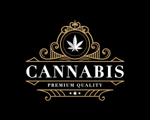 antique Luxury royal vintage Cannabis plant and leaf logo with decorative ornamental frame