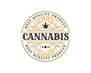 antique Luxury royal vintage Cannabis plant and leaf logo with decorative ornamental frame