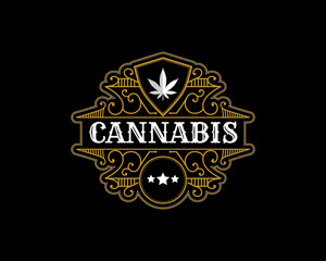 antique Luxury royal vintage Cannabis plant and leaf logo with decorative ornamental frame