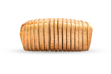 single loaf of sliced white bread, isolate on a white background. slices of toast, side view