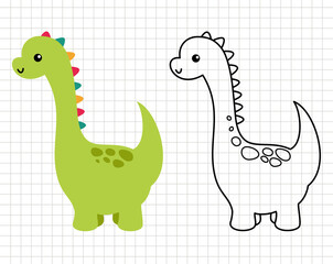 Funny dinosaur cartoon clip art. Colouring page. Silhouette vector flat illustration. Cutting file. Suitable for cutting software. Cricut, Silhouette.