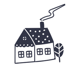 Illustration with house and tree. Scandinavian style.
