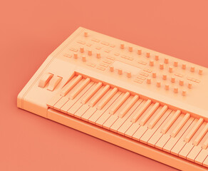 Monochrome orange color Synthesizer, electronic keyboard on the floor in a pink studio, 3d rendering