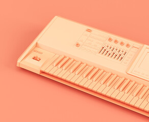Monochrome orange color Synthesizer, electronic keyboard on the floor in a pink studio, 3d rendering
