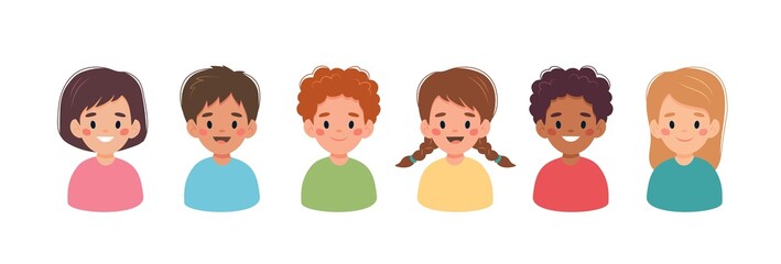 Children set, little boys and girls portraits of different nationalities. Vector illustration in cartoon style © Biscotto Design