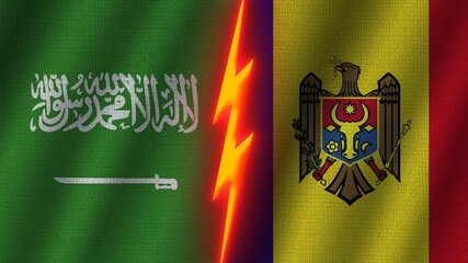 Moldova and Saudi Arabia Flags Together, Wavy Fabric Texture Effect, Neon Glow Effect, Shining Thunder Icon, Crisis Concept, 3D Illustration