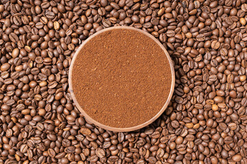 Ground coffee in wooden plate on coffee beans background. Top view