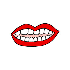 Smiling lips with healthy teeth. Line art. Hand drawn vector illustration. Isolated on white background. Smiling mouth with white teeth.
