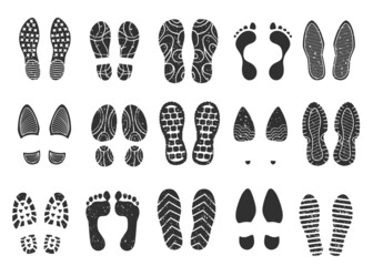 Footprints silhouette, footsteps, boot sneaker shoe print. Human barefoot imprint, dirty shoes sole prints, footprint steps. Vector set. Different black marks, pair of shoes walking