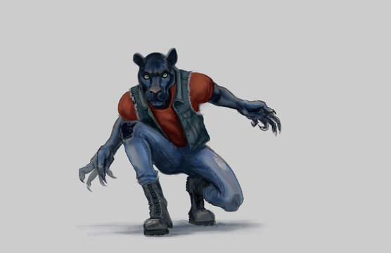 Digital concept painting isolated on white of a werecat in punk clothes ready for a fight - fantasy creature illustration
