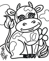 A cow in a clearing. Big eyes. Small horns and hooves. Long tail. Flowers and clouds. Outline for coloring. Drawing for a children's book.