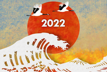 2022 New Year's card of crane, sunrise, wave and mountain, paper-cutting style, card type, paper craft style