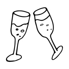 glasses, champagne, vector, doodle, drink, wine, alcohol, celebration, glass, party, wedding, toast, illustration, wineglass, liquid, holiday, anniversary, beverage, two, celebrate, icon, christmas, 
