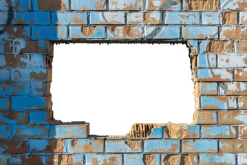 White advertisement hole in old brick wall, brick frame.Copy space.