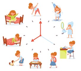 Cartoon cute school girl daily routine activities. Child exercising, going to school. Kids hygiene and everyday schedule vector illustration. Big clock with habits and cheerful female character