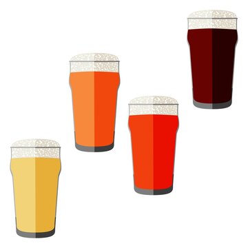 Set with craft beer in pint nonic for banners, flyers, posters, cards. Light and dark beer, ale, and lager. Beer Day. October fest. Flat style. Vector illustration isolated on white background.