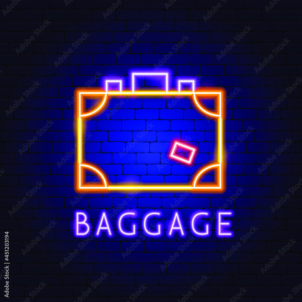 Sticker Baggage Neon Label. Vector Illustration of Suitcase Promotion.