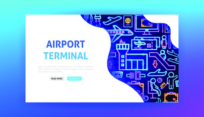 Airport Terminal Neon Landing Page. Vector Illustration of Flight Promotion.