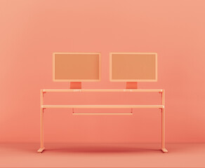 Monochrome orange color studio desk workstation in a pink studio, 3d rendering