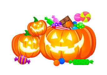 Halloween pumpkin bucket with candies. Trick or treat concept. Illustration design for greeting card, poster banner and print.