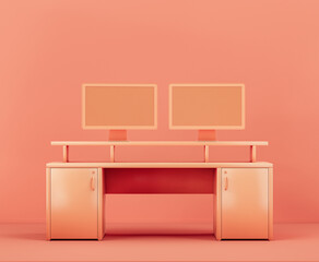 Monochrome orange color studio desk workstation in a pink studio, 3d rendering