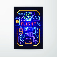 Flight Neon Flyer. Vector Illustration of Airplane Promotion.