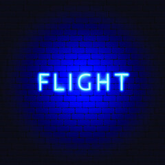 Flight Neon Text. Vector Illustration of Plane Promotion.