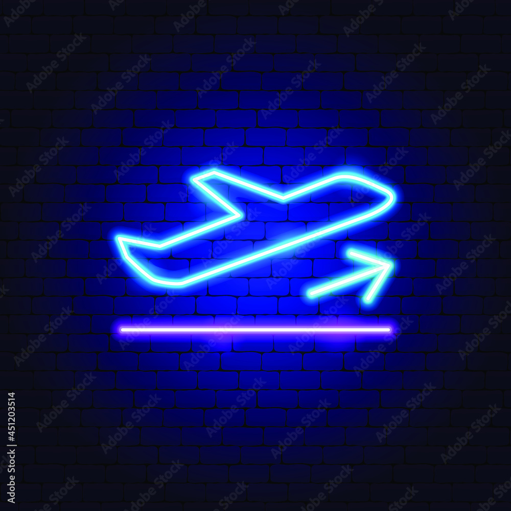 Poster plane takeoff neon sign. vector illustration of flight promotion.