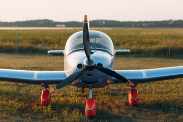 RUSSIA, MOSCOW - AUGUST 1, 2020: Small private single engine propeller airplane at regional airport.