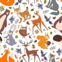 Forest animals seamless pattern, cute woodland animal. Flat cartoon fox, bear, rabbit, deer, hedgehog characters for children vector print. Wood fauna creatures for wallpaper, textile