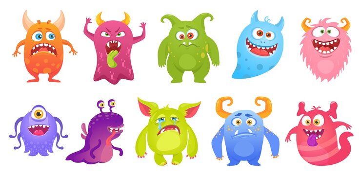 Cute monster characters smiling, funny aliens and creatures. Cartoon goblin, ghost, alien. Scary monsters with silly faces vector set. Fantasy comic beasts with different expressions