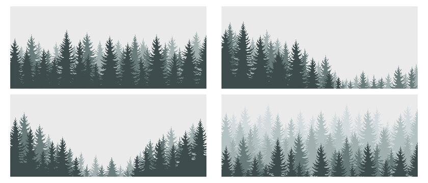 Set of horizontal banner templates with fir forest. Coniferous evergreen trees isolated on a light background. Postcard, poster advertising forest recreation, summer camp, tourism. Vector illustration
