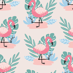 Seamless pattern with flamingo and hand drawn elements
