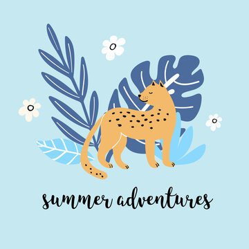 Illustration with cute summer leaves and leopard