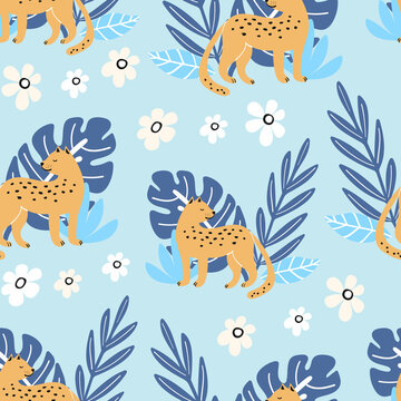 Seamless pattern with cute summer leaves and leopard